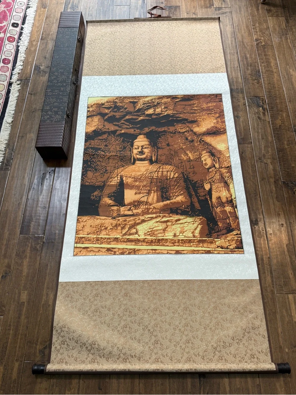 Yungang Grottoes Buddha Laser-Cut Papercut Art Scroll – 6 Foot, Silk Brocade